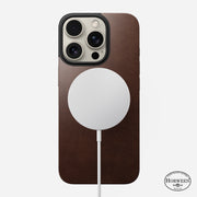 MagSafe view of the Magnetic Leather Back for iPhone 16 Pro in Rustic Brown, highlighting its magnetic attachment for easy accessory compatibility.