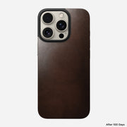 Front view of the Magnetic Leather Back for iPhone 16 Pro in Rustic Brown, showcasing its sleek leather finish and precision cut design.