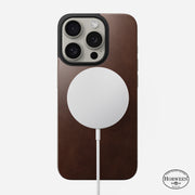 MagSafe view of the Magnetic Leather Back for iPhone 15 Pro in Rustic Brown, highlighting the MagSafe ring for wireless charging