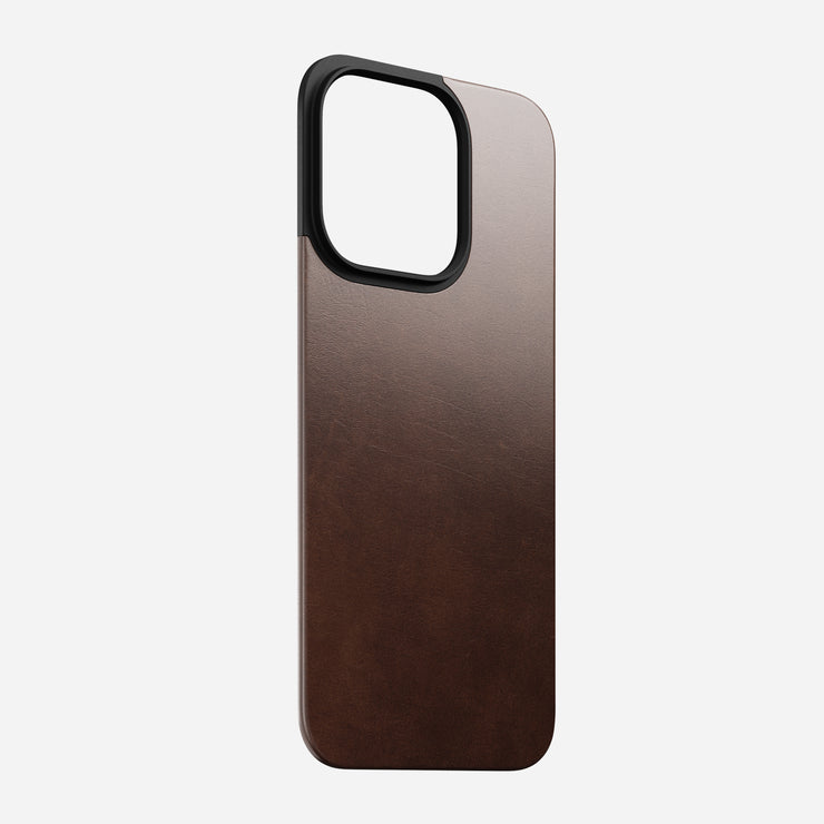 Side view of the Magnetic Leather Back in Rustic Brown, emphasizing its ultra-thin profile and seamless fit on the iPhone 15 Pro