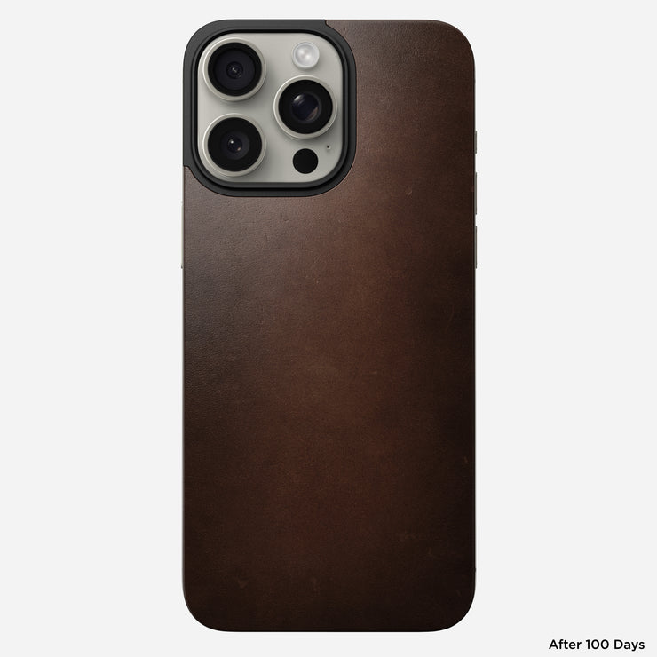 Front view of the Magnetic Leather Back for iPhone 15 Pro in Rustic Brown Horween leather, showcasing its sleek, ultra-thin design