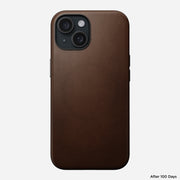  Front view of the iPhone 15 Modern Leather Case in Brown, emphasizing its durable and fashionable look