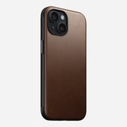 Front view of the Brown Modern Leather Case for iPhone 15, showcasing its stylish design and full-grain leather