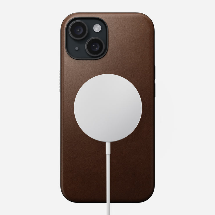 MagSafe view of the Brown Modern Leather Case for iPhone 15, highlighting its compatibility with MagSafe accessories