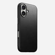  Front view of the Modern Leather Case for iPhone 16 in Black, showcasing its sleek full-grain leather finish and minimalist design