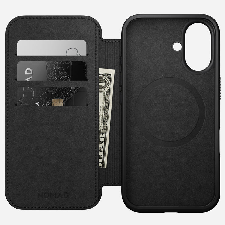 Back view of Modern Leather Folio for iPhone 16 in Black by Nomad Leather. Full-grain leather with 3 card slots, cash slot, removable magnetic clasp, and 8ft drop protection. MagSafe & wireless charging compatible