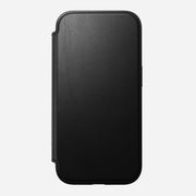 Back of Modern Leather Folio for iPhone 16 in Black by Nomad Leather. Highlights full-grain leather, card slots, cash slot, removable magnetic clasp, and 8ft drop protection. MagSafe & wireless charging compatible