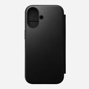 ront view of Modern Leather Folio for iPhone 16 in Black by Nomad Leather. Features full-grain leather with card slots, cash slot, and removable magnetic clasp. Offers 8ft drop protection and is MagSafe & wireless charging compatible