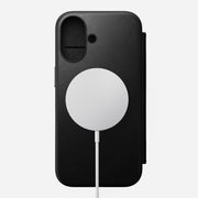 Front of Modern Leather Folio for iPhone 16 in Black by Nomad Leather. Highlights full-grain leather with 3 card slots, cash slot, removable magnetic clasp, and 8ft drop protection. MagSafe & wireless charging compatible