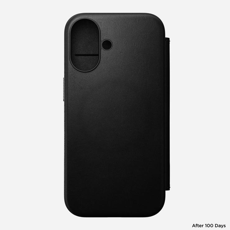 Main view of Modern Leather Folio for iPhone 16 in Black by Nomad Leather. Highlights full-grain leather with 3 card slots, cash slot, removable magnetic clasp, 8ft drop protection, and MagSafe & wireless charging compatibility