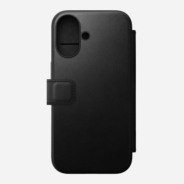 Modern Leather Folio for iPhone 16 in Black by Nomad Leather, straight view. Full-grain leather with card slots, cash slot, removable magnetic clasp, and 8ft drop protection. MagSafe & wireless charging compatible