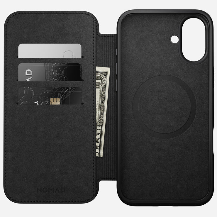 Back view of Modern Leather Folio for iPhone 16 Plus in Black by Nomad Leather. Features full-grain leather with card slots, cash slot, removable magnetic clasp, and 8ft drop protection. MagSafe & wireless charging compatible