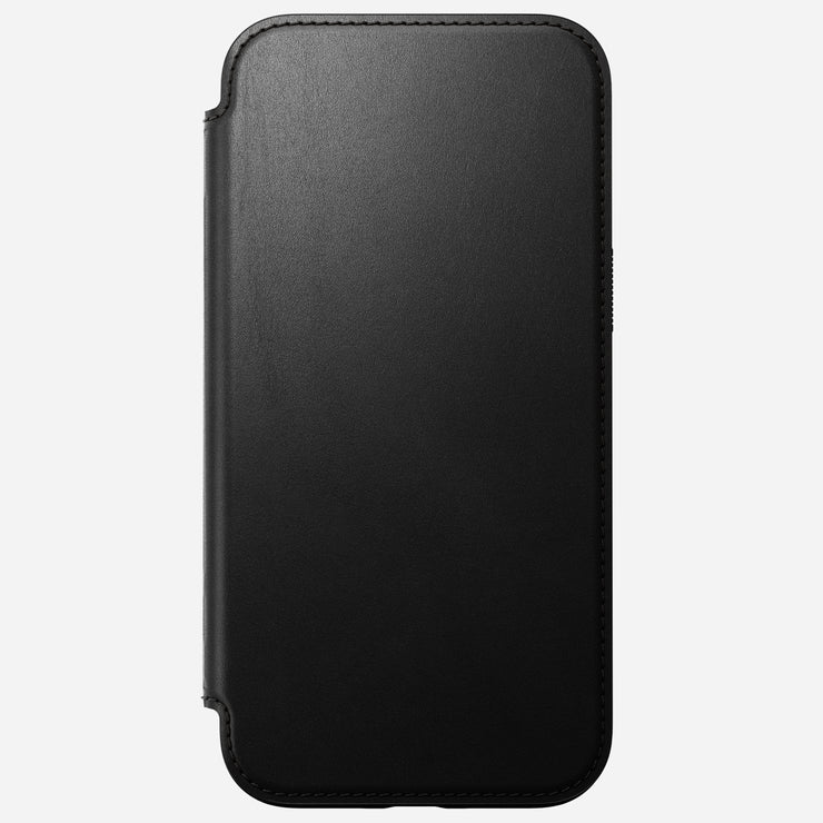 Back of Modern Leather Folio for iPhone 16 Plus in Black by Nomad Leather. Shows full-grain leather, card slots, cash slot, removable magnetic clasp, and 8ft drop protection. MagSafe & wireless charging compatible