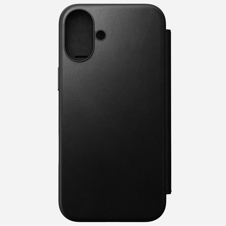 Front of Modern Leather Folio for iPhone 16 Plus in Black by Nomad Leather. Highlights full-grain leather, card slots, cash slot, and removable magnetic clasp. Offers 8ft drop protection and compatibility with MagSafe & wireless charging