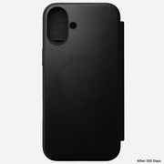 Main view of Modern Leather Folio for iPhone 16 Plus in Black by Nomad Leather. Highlights full-grain leather, card slots, cash slot, removable magnetic clasp, and 8ft drop protection. Compatible with MagSafe & wireless charging