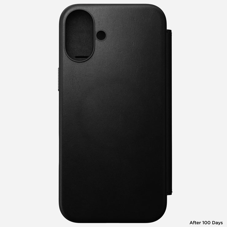 Main view of Modern Leather Folio for iPhone 16 Plus in Black by Nomad Leather. Highlights full-grain leather, card slots, cash slot, removable magnetic clasp, and 8ft drop protection. Compatible with MagSafe & wireless charging