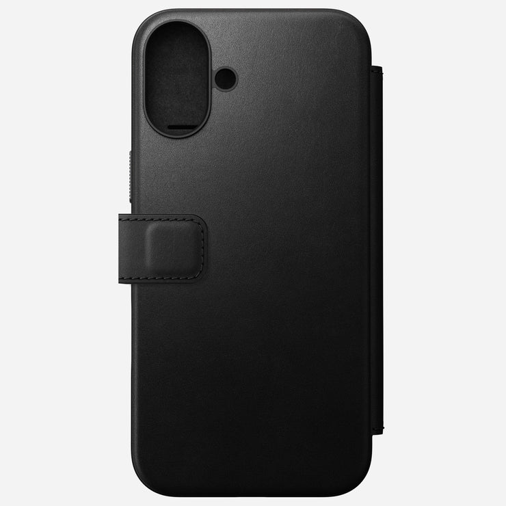 Modern Leather Folio for iPhone 16 Plus in Black by Nomad Leather, straight view. Full-grain leather with 3 card slots, 1 cash slot, and removable magnetic clasp. Features 8ft drop protection and is MagSafe & wireless charging compatible