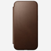 Back of Modern Leather Folio for iPhone 16 Plus in Brown by Nomad Leather. Shows full-grain leather, card slots, cash slot, removable magnetic clasp, and 8ft drop protection. MagSafe & wireless charging compatible