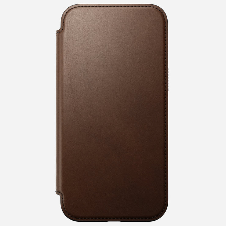 Back of Modern Leather Folio for iPhone 16 Plus in Brown by Nomad Leather. Shows full-grain leather, card slots, cash slot, removable magnetic clasp, and 8ft drop protection. MagSafe & wireless charging compatible