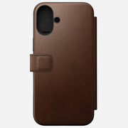 Front view of Modern Leather Folio for iPhone 16 Plus in Brown by Nomad Leather. Features full-grain leather with card slots, cash slot, and removable magnetic clasp. Provides 8ft drop protection and is compatible with MagSafe & wireless charging