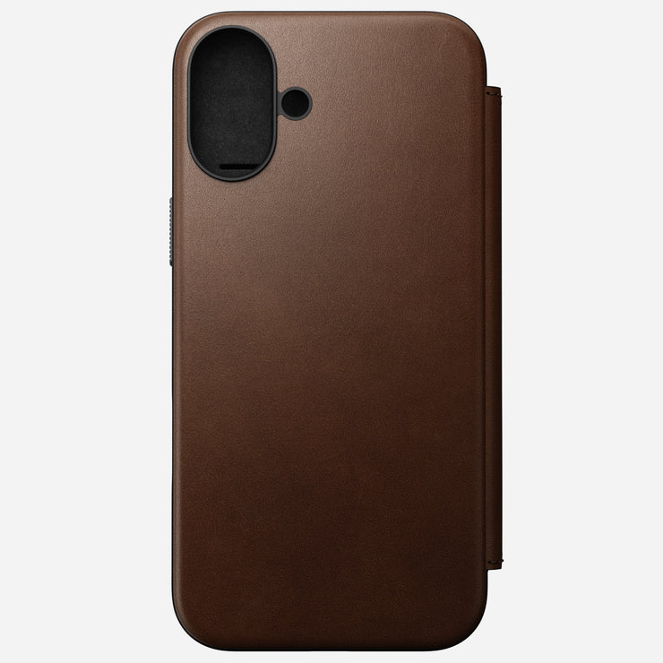 Main view of Modern Leather Folio for iPhone 16 Plus in Brown by Nomad Leather. Highlights full-grain leather, card slots, cash slot, removable magnetic clasp, and 8ft drop protection. Compatible with MagSafe & wireless charging