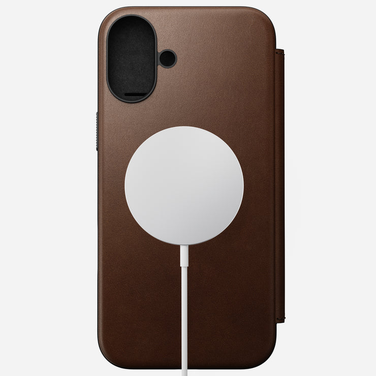 Modern Leather Folio for iPhone 16 Plus in Brown by Nomad Leather, straight view. Full-grain leather with 3 card slots, 1 cash slot, and removable magnetic clasp. Features 8ft drop protection and is compatible with MagSafe & wireless charging