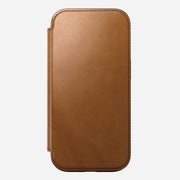 Back of Modern Leather Folio for iPhone 16 Pro in English Tan-C by Nomad Leather. Shows full-grain leather, card slots, cash slot, removable magnetic clasp, and 8ft drop protection. MagSafe & wireless charging compatible