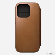 Front of Modern Leather Folio for iPhone 16 Pro in English Tan-C by Nomad Leather. Highlights full-grain leather, card slots, cash slot, and removable magnetic clasp. Offers 8ft drop protection and is MagSafe & wireless charging compatible