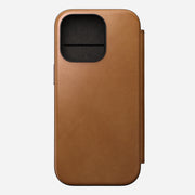 Modern Leather Folio for iPhone 16 Pro in English Tan-C by Nomad Leather, straight view. Full-grain leather with 3 card slots, 1 cash slot, and removable magnetic clasp. Features 8ft drop protection and is compatible with MagSafe & wireless charging