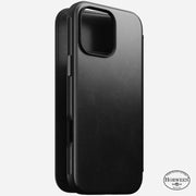 Angled front view of the Modern Leather Folio for iPhone 16 Pro Max in Black Horween, showcasing its sophisticated design