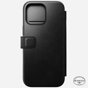 Sleek front view of the Modern Leather Folio for iPhone 16 Pro Max in Black Horween, emphasizing its elegant profile