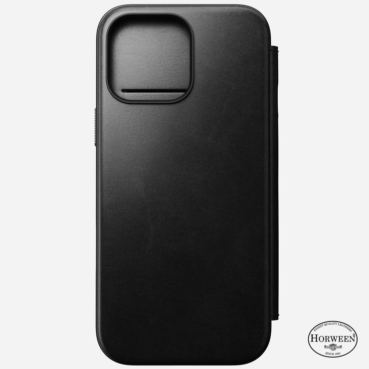 Close-up front view highlighting the leather texture of the Modern Leather Folio for iPhone 16 Pro Max in Black Horween