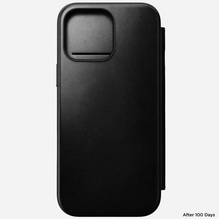 Front view of the Modern Leather Folio for iPhone 16 Pro Max in Black Horween