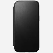 Back of Modern Leather Folio for iPhone 16 Pro Max in Black leather by Nomad Leather. Highlights full-grain leather with card slots, cash slot, and removable magnetic clasp. Provides 8ft drop protection and is MagSafe & wireless charging compatible