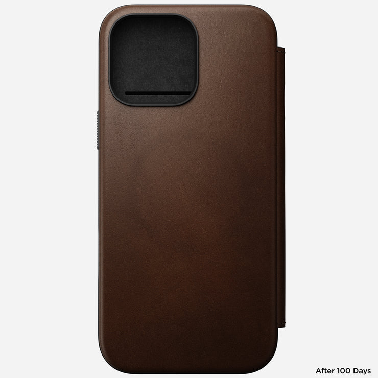 Standard front view of Modern Leather Folio for iPhone 16 Pro Max in Brown leather, featuring full-grain leather and 3 card slots