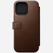 Stylish straight view of the Brown Modern Leather Folio for iPhone 16 Pro Max, featuring 3 card slots and a cash slot