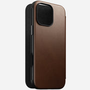 Angled view of Modern Leather Folio for iPhone 16 Pro Max in Brown leather, highlighting its elegant design and card storage