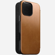 Front view of the Modern Leather Folio for iPhone 16 Pro Max in English Tan-C, showcasing its elegant design