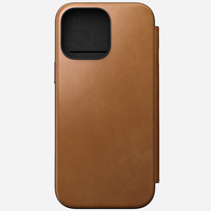 Close-up front view of the Modern Leather Folio for iPhone 16 Pro Max in English Tan-C, emphasizing the leather texture