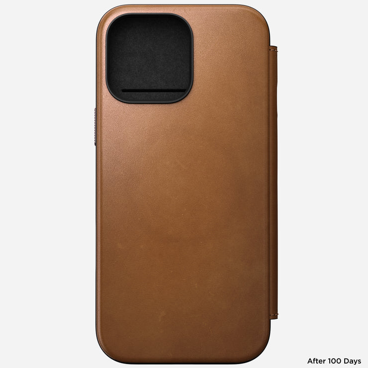 Sleek front view of the Modern Leather Folio for iPhone 16 Pro Max in English Tan-C, emphasizing its elegant profile