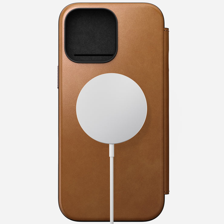 Straight front view of the Modern Leather Folio for iPhone 16 Pro Max in English Tan-C, highlighting the sleek finish