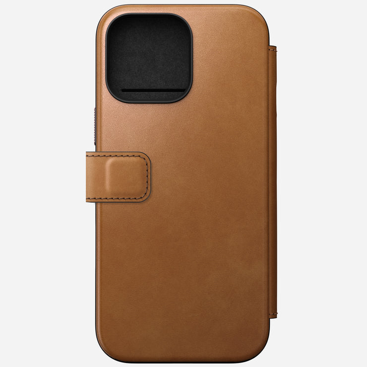 Stylish front view of the Modern Leather Folio for iPhone 16 Pro Max in English Tan-C, illustrating its premium craftsmanship