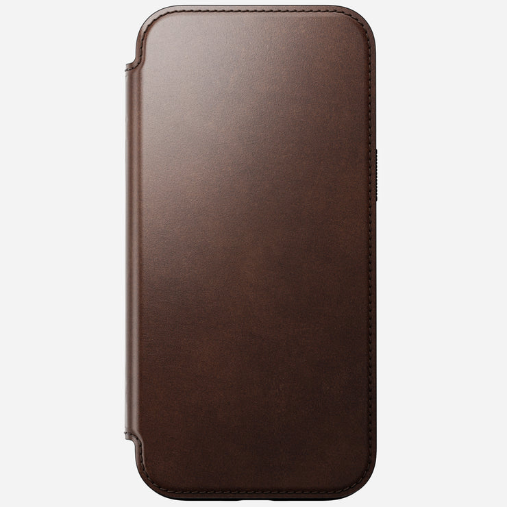 Angled back view of the Modern Leather Folio for iPhone 16 Pro Max in Rustic Brown Horween, showcasing its sleek profile