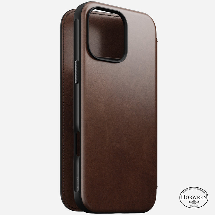 Angled front view of the Modern Leather Folio for iPhone 16 Pro Max in Rustic Brown Horween, showcasing its sophisticated design