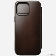 Close-up front view showing MagSafe alignment and details of the Modern Leather Folio for iPhone 16 Pro Max in Rustic Brown Horween