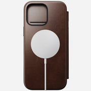 Front view of the Modern Leather Folio for iPhone 16 Pro Max in Rustic Brown Horween, demonstrating MagSafe compatibility with the iPhone