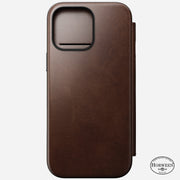 Sleek front view of the Modern Leather Folio for iPhone 16 Pro Max in Rustic Brown Horween, emphasizing its elegant profile