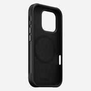 Angled back view of the Rugged Case for iPhone 16 Pro in Black, highlighting its robust construction