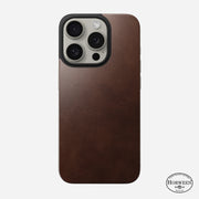 Front view of the Rustic Brown Magnetic Leather Back on iPhone 15 Pro, showing its minimalist, sophisticated design