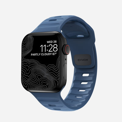 Front view of the 41mm Naval Blue Sport Band for Apple Watch, showcasing its modern athletic design and breathable material